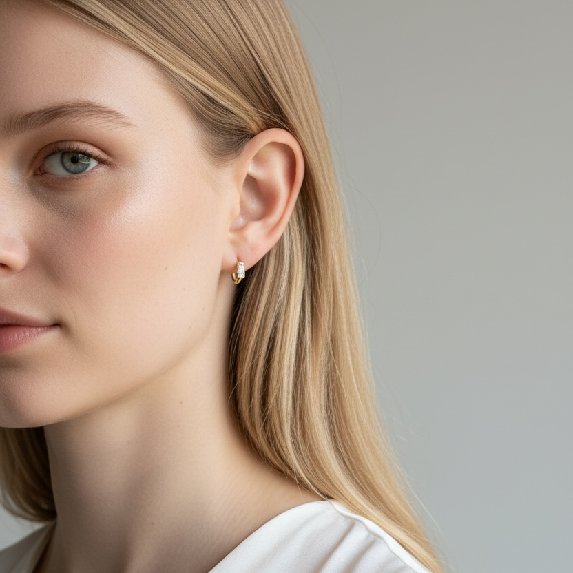 Close-up of a woman wearing a gold earring against a neutral background