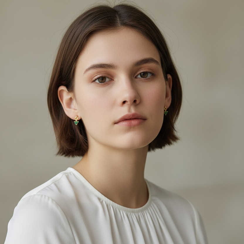 Woman wearing a white blouse against a neutral background