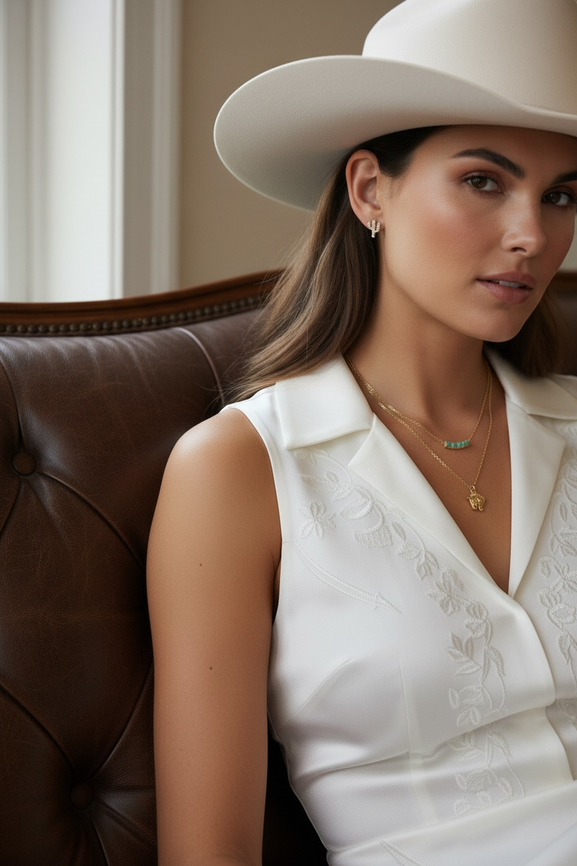 Woman wearing a white hat and white blouse sitting on a brown leather couch.