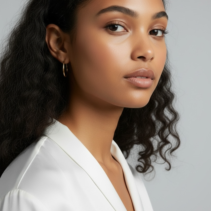 Woman wearing a white blouse against a gray background