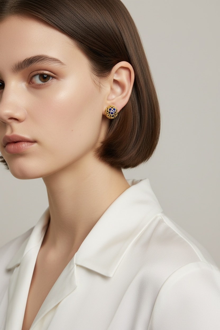 Woman wearing a gold earring with a gemstone on a neutral background