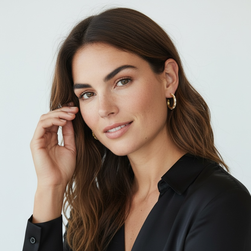 Woman wearing a black blouse against a white background