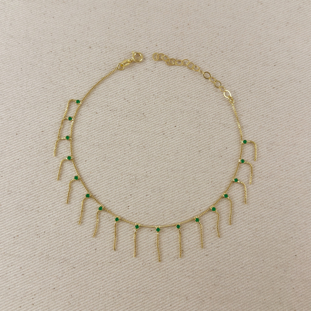 18k Gold Filled Fringed Box Chain Anklet Featuring Details Of Micro Zirconia Available In Multicolor, Black or Clear