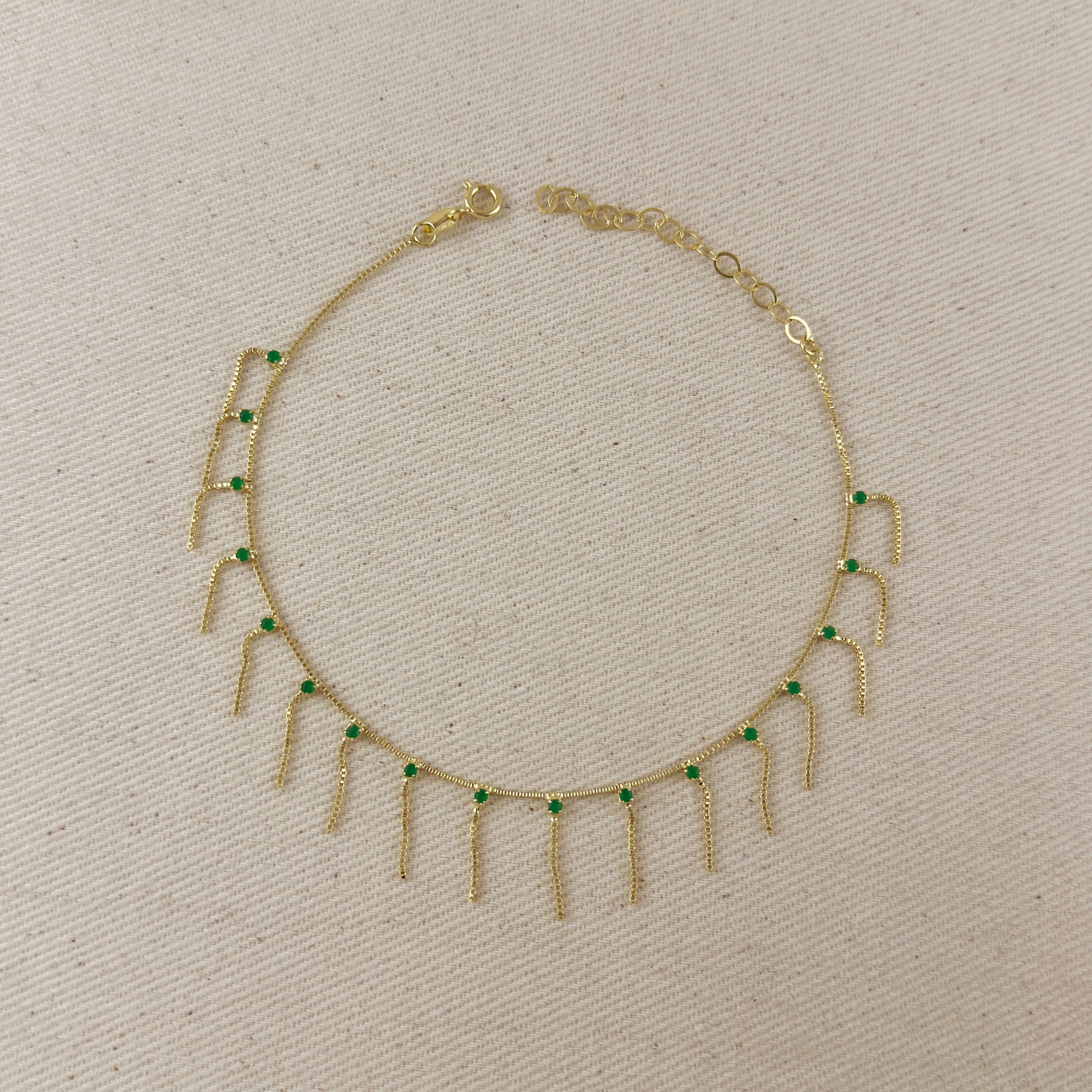 18k Gold Filled Fringed Box Chain Anklet Featuring Details Of Micro Zirconia Available In Multicolor, Black or Clear