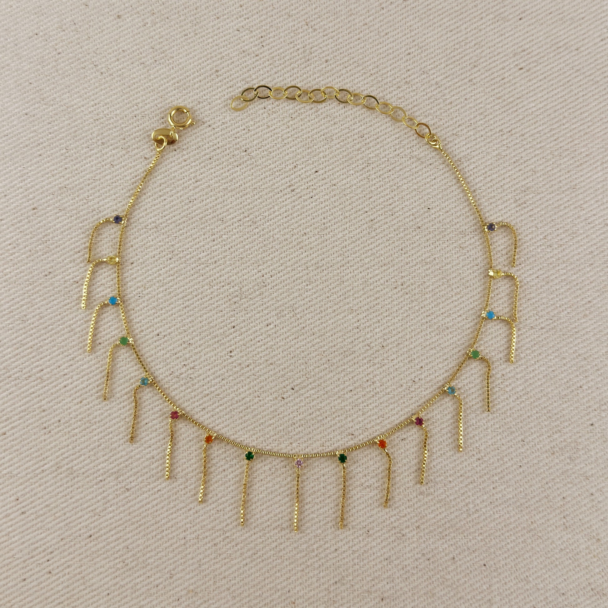 18k Gold Filled Fringed Box Chain Anklet Featuring Details Of Micro Zirconia Available In Multicolor, Black or Clear