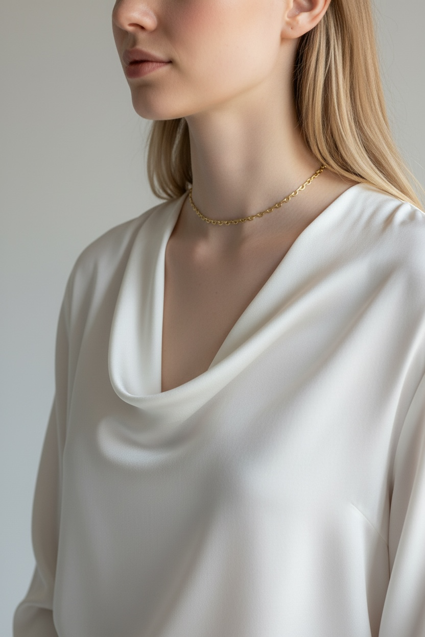 Woman wearing a white top and gold necklace against a neutral background