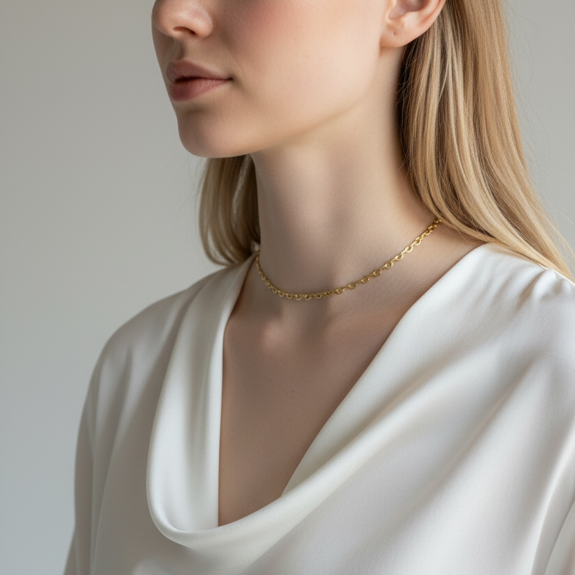 Woman wearing a white top and gold necklace against a neutral background