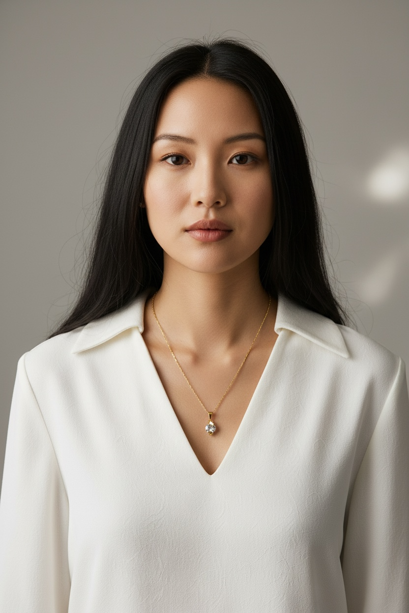 Woman wearing a white blouse and gold necklace against a neutral background