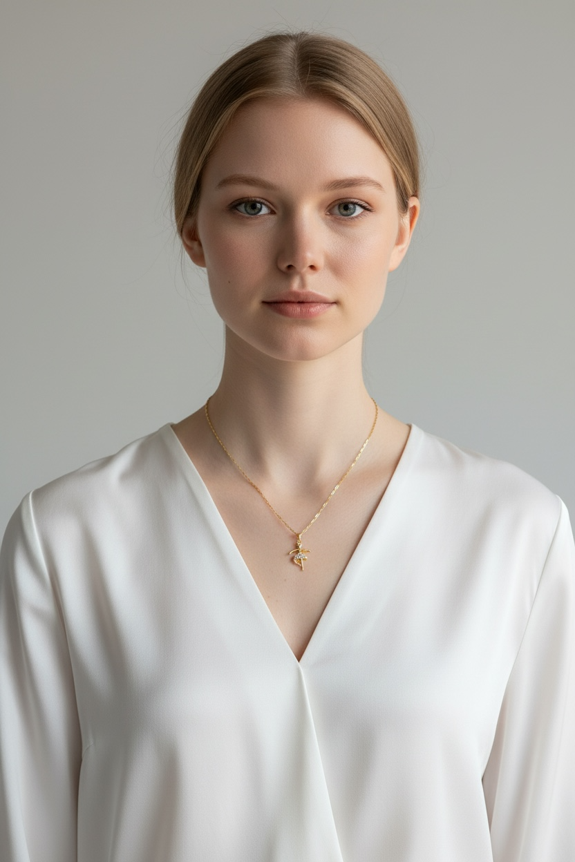 Woman wearing a white top and gold necklace against a plain background