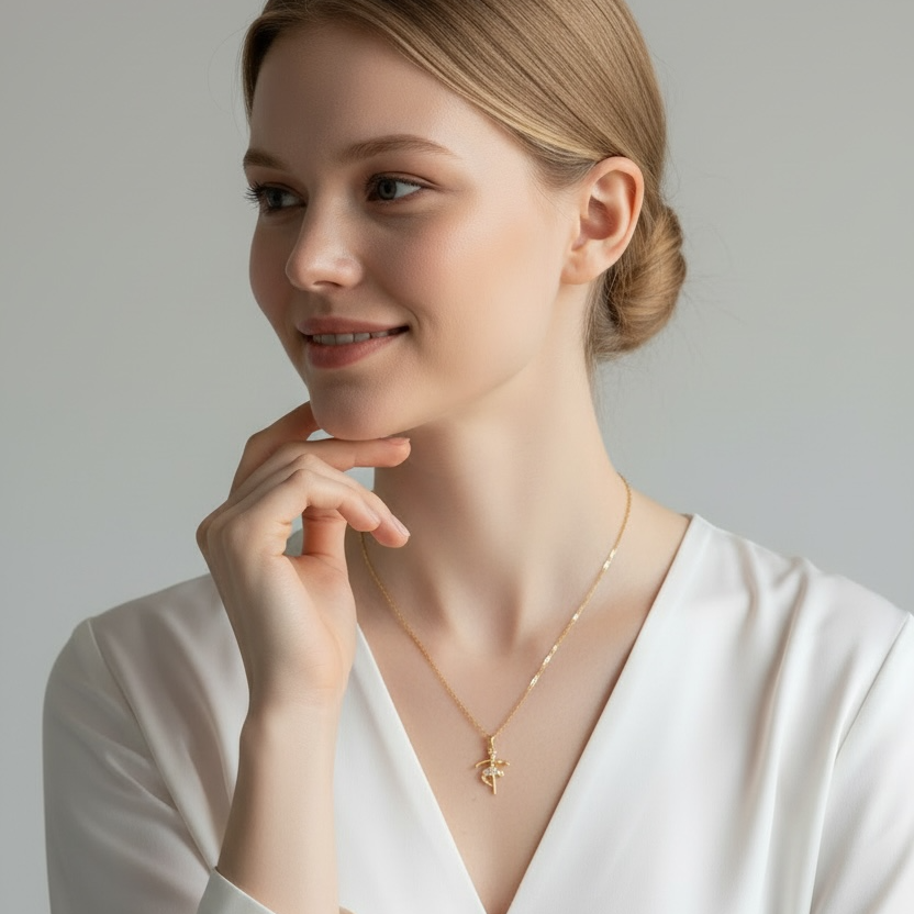 Woman wearing a gold necklace against a plain background