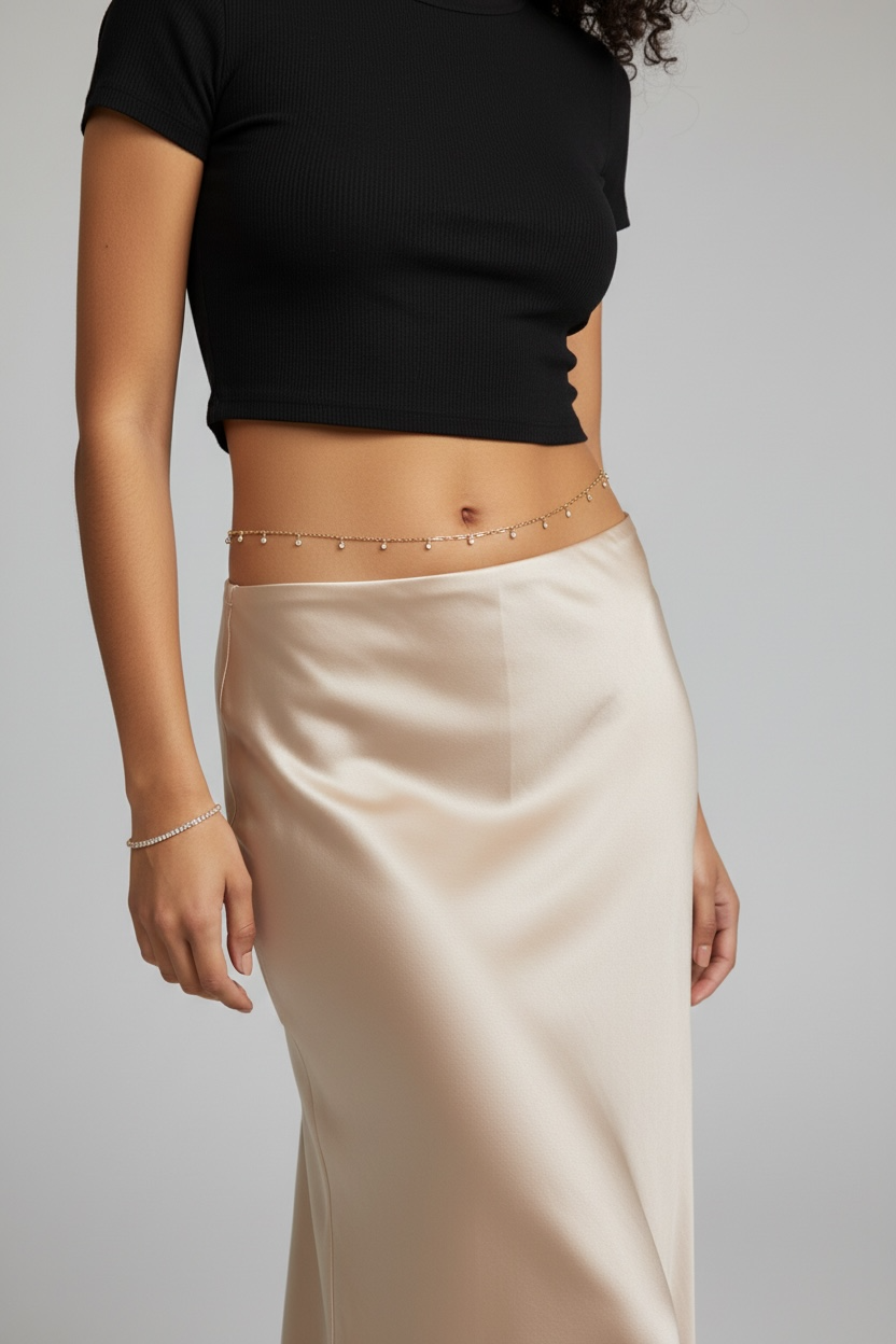 Person wearing a black crop top and beige satin skirt on a plain background