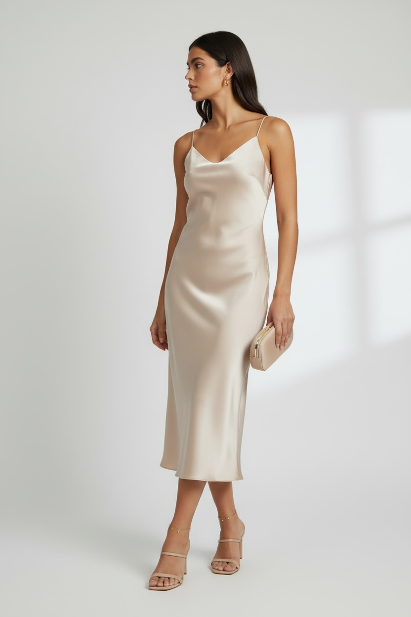 Woman wearing a beige slip dress against a white background