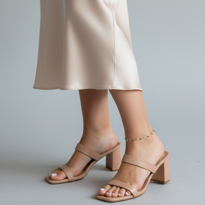 Beige sandals worn with a satin skirt on a plain background