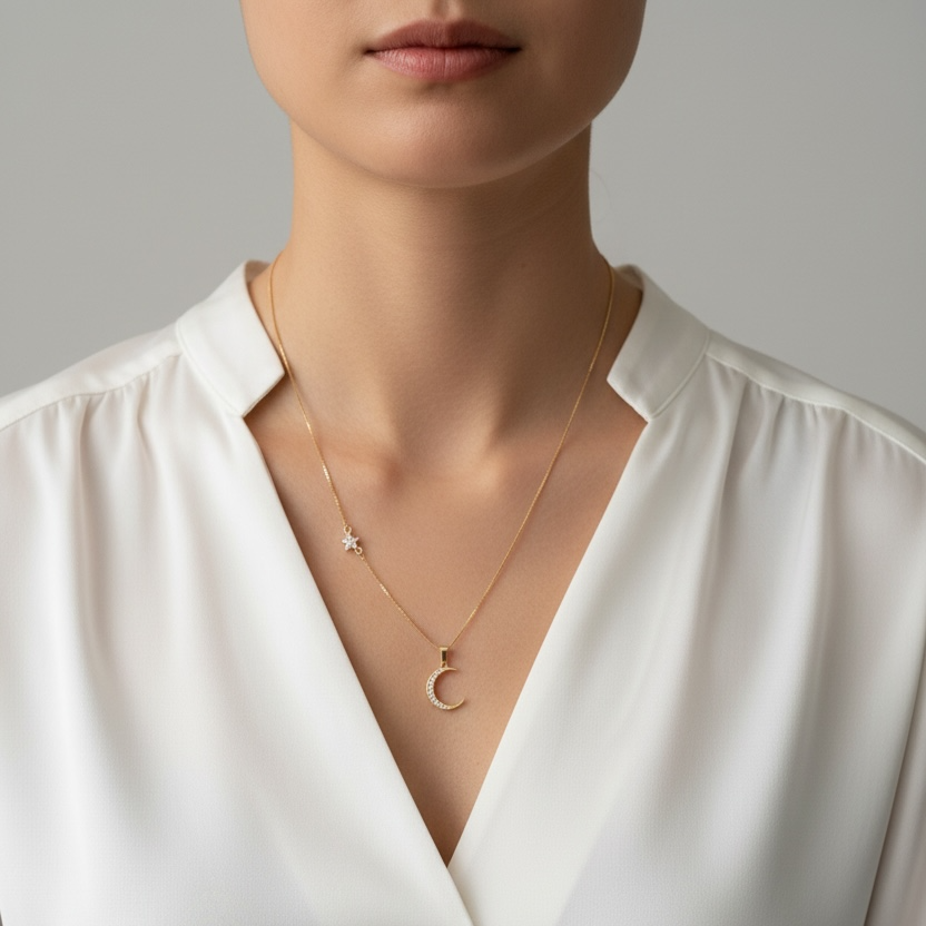 Person wearing a white blouse with a necklace featuring a crescent moon pendant on a neutral background