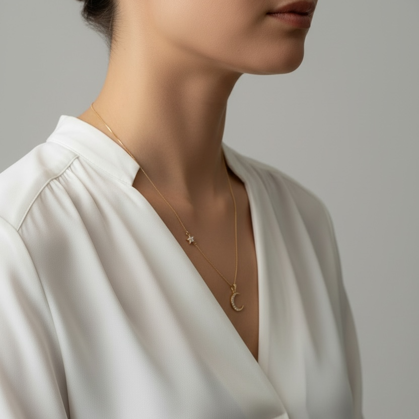 Person wearing a gold necklace with a star and moon pendant against a neutral background