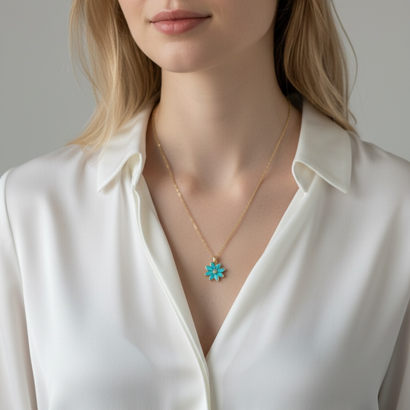 Woman wearing a white blouse and a necklace with a blue pendant against a neutral background