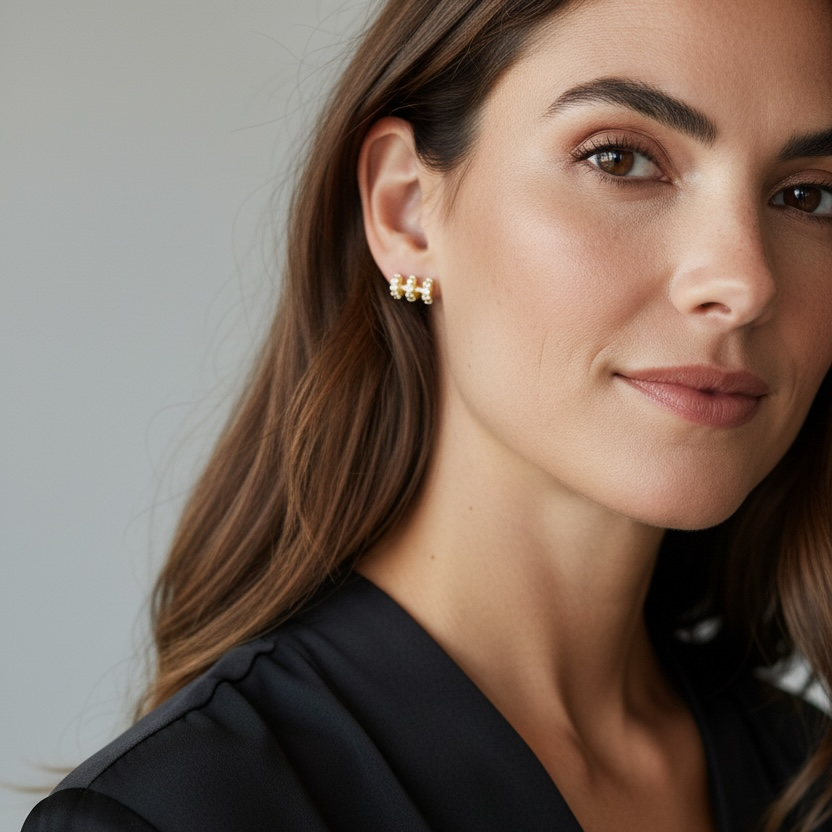 Woman wearing gold earrings with a neutral background