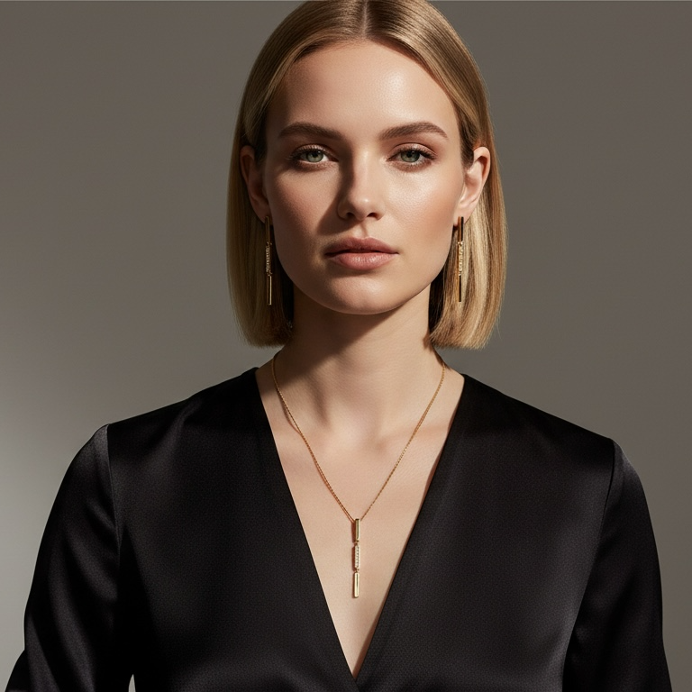 Woman wearing a black top and gold necklace against a gray background