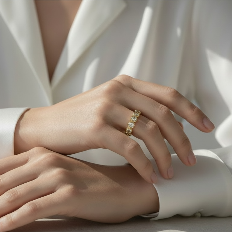 Close-up of a person wearing a gold ring on a white background
