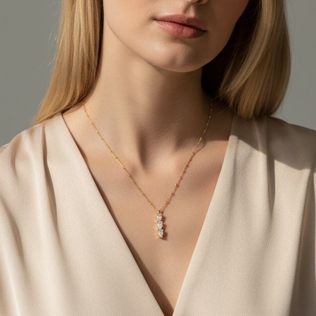 Woman wearing a beige top and gold necklace against a neutral background