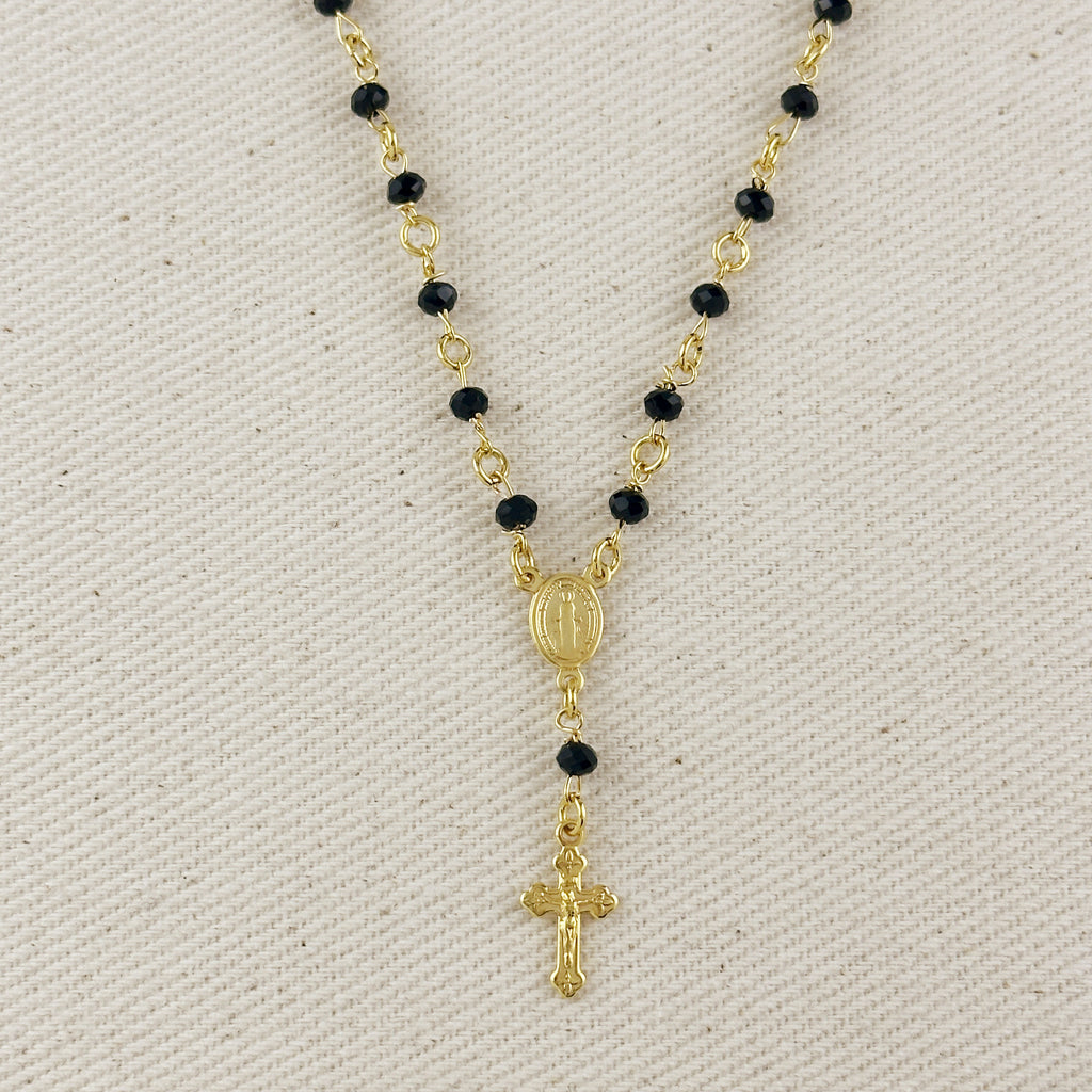 18k Gold Filled Fashion Rosary Black Crystals Necklace