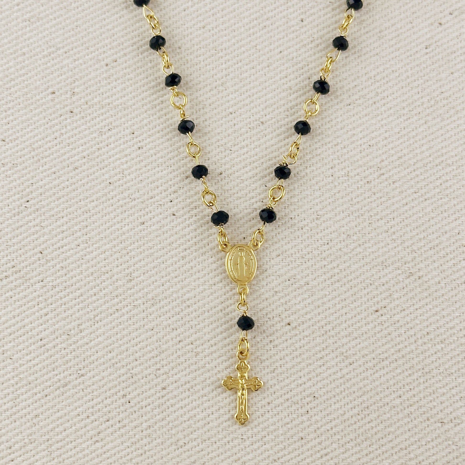 18k Gold Filled Fashion Rosary Black Crystals Necklace