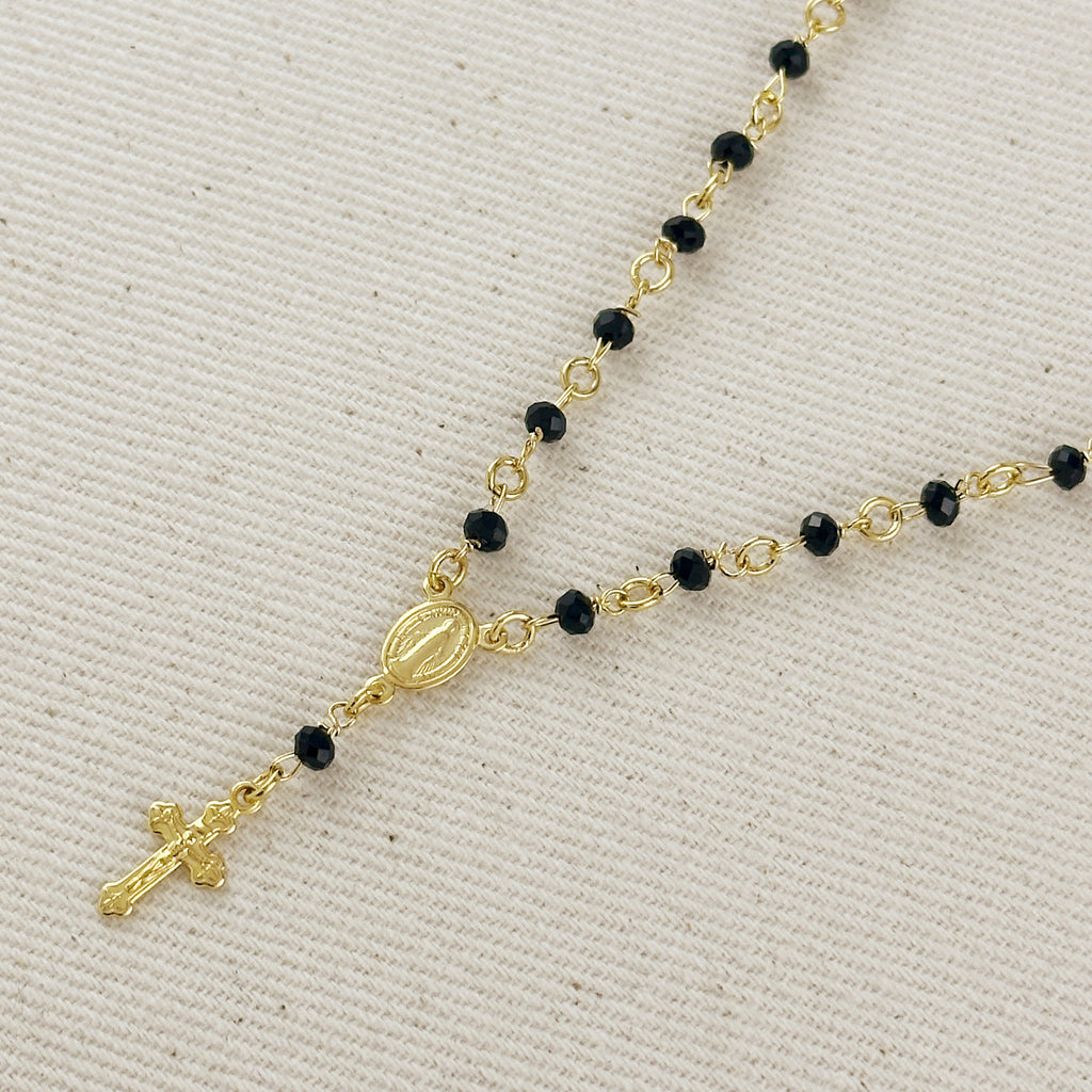 18k Gold Filled Fashion Rosary Black Crystals Necklace