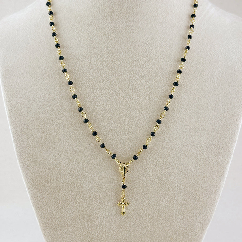 18k Gold Filled Fashion Rosary Black Crystals Necklace