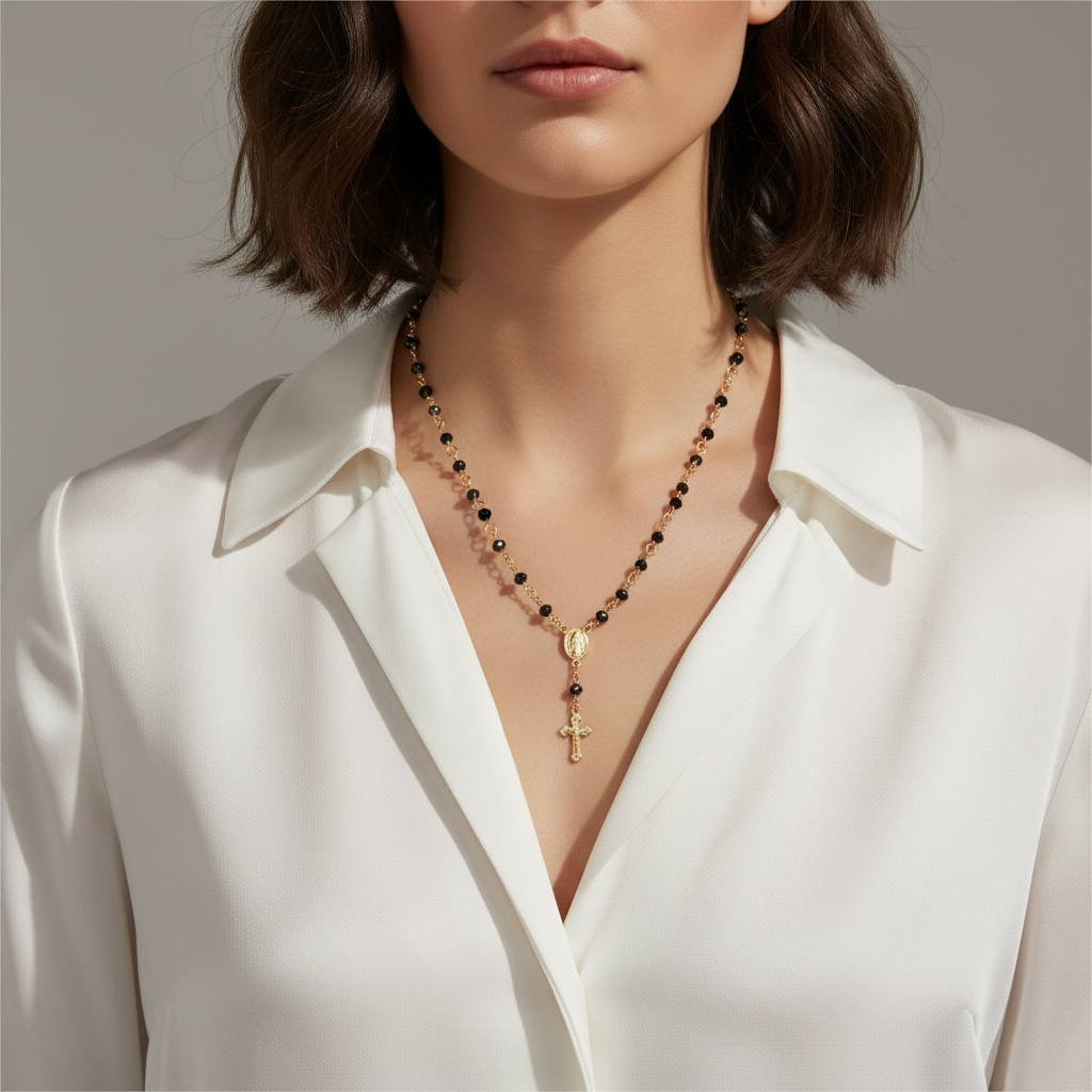 18k Gold Filled Fashion Rosary Black Crystals Necklace