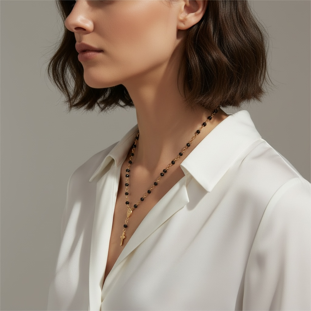 18k Gold Filled Fashion Rosary Black Crystals Necklace