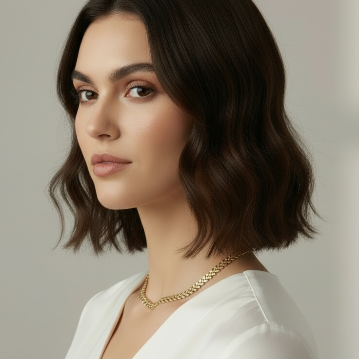 Woman wearing a white top and gold necklace against a neutral background