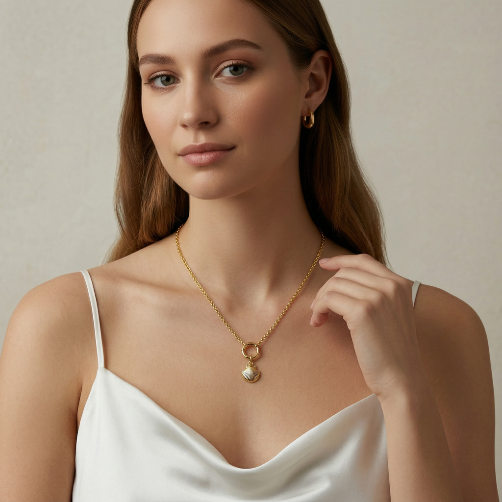 Woman wearing a gold necklace and earring set against a neutral background