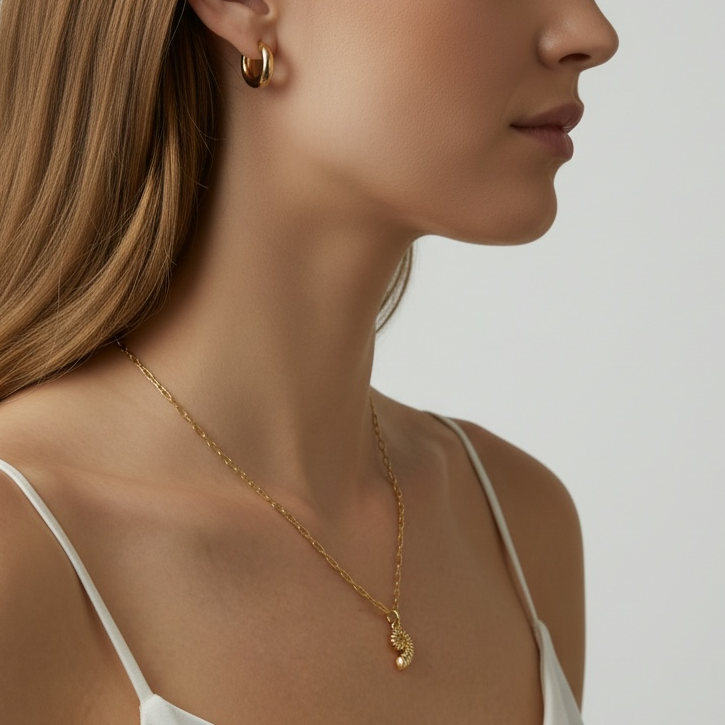 Woman wearing a gold necklace and earrings against a neutral background