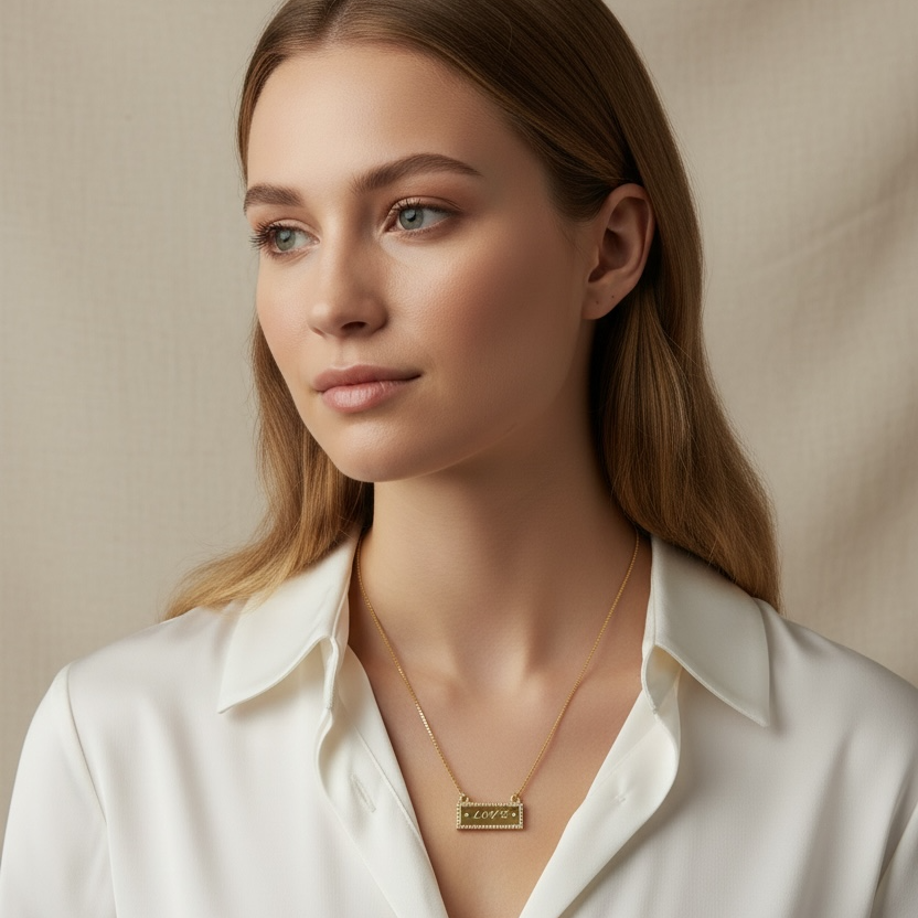 Woman wearing a gold necklace with the work LOVE engraved 
