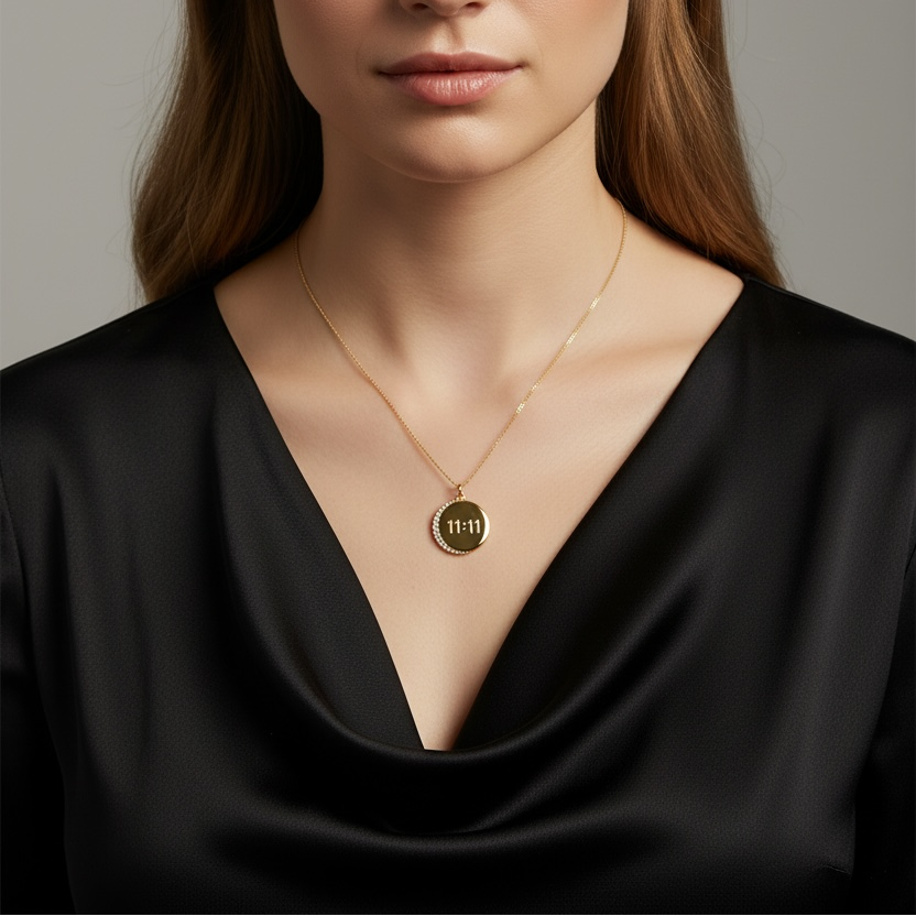 Woman wearing a gold necklace with a pendant engraved 11:11