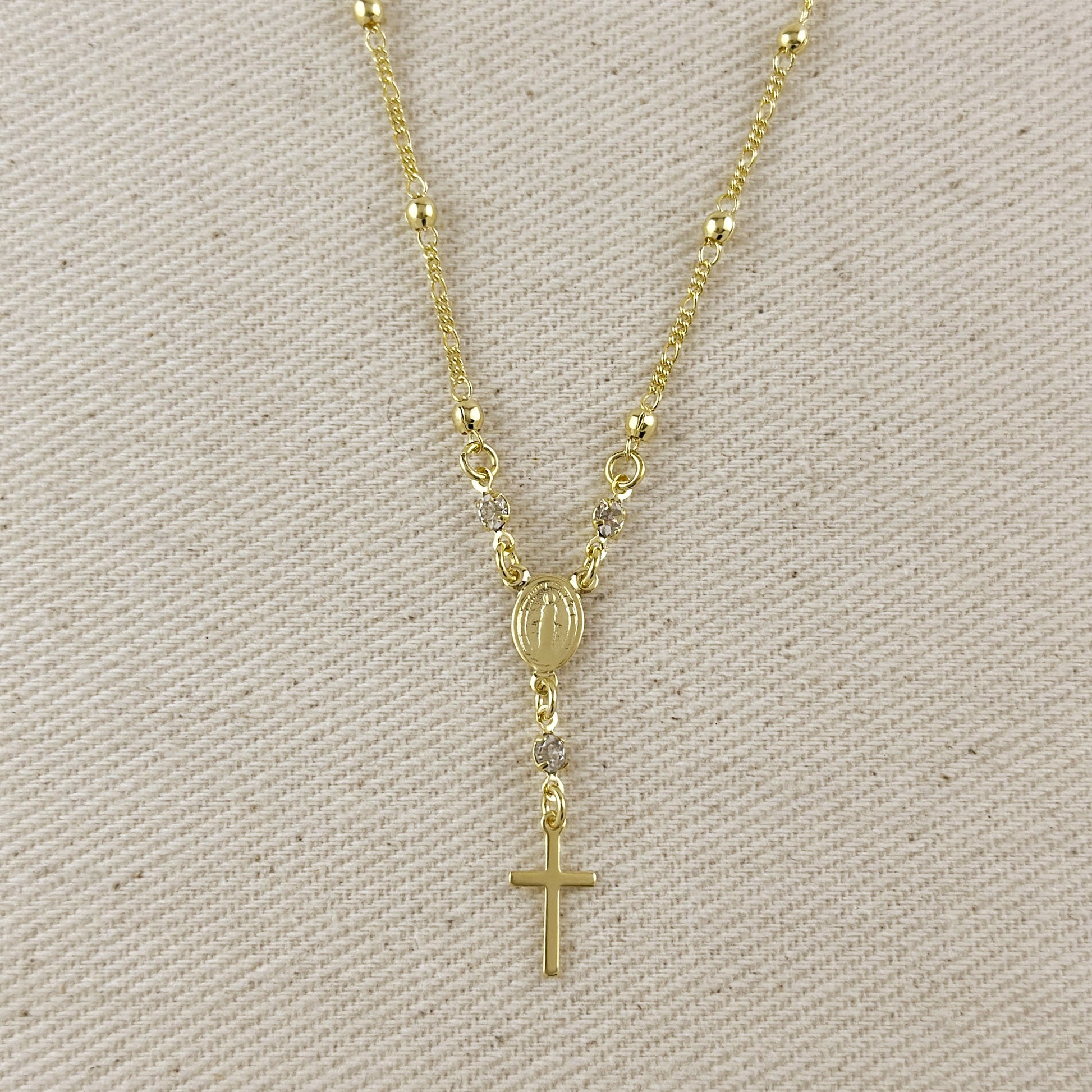 18k Gold Filled Our Lady of Graces Rosary Ball Chain and Small Plain Cross