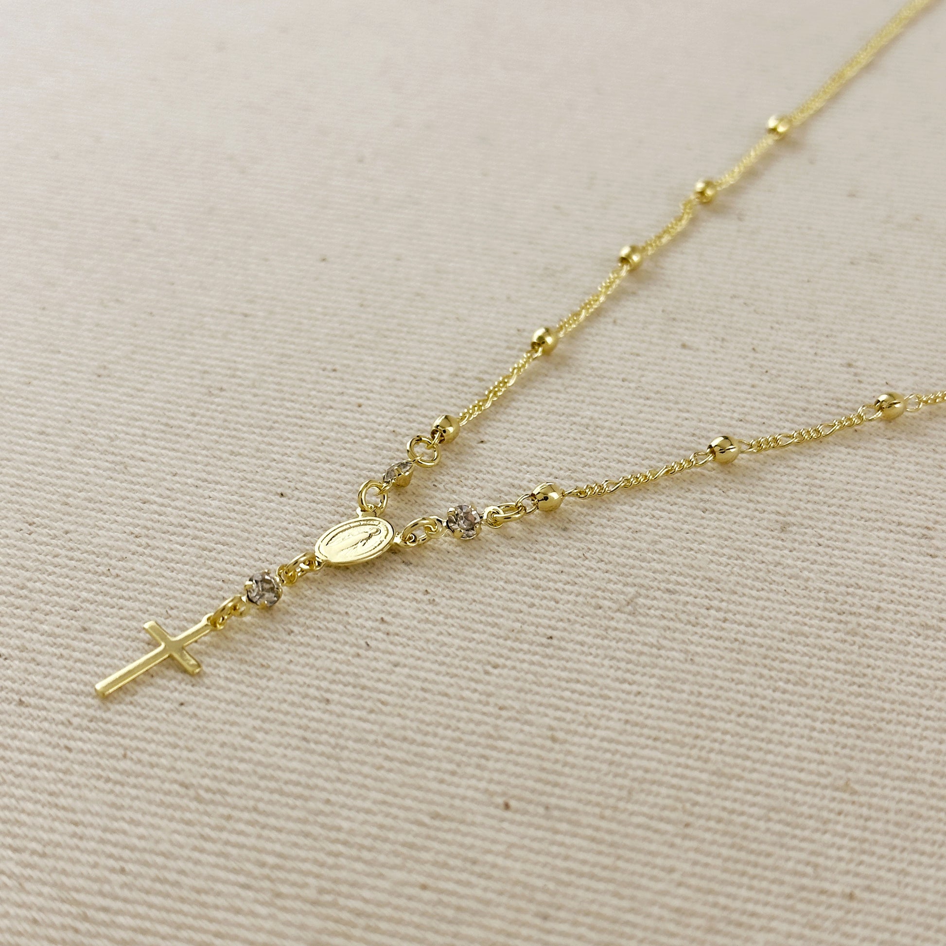 18k Gold Filled Our Lady of Graces Rosary Ball Chain and Small Plain Cross