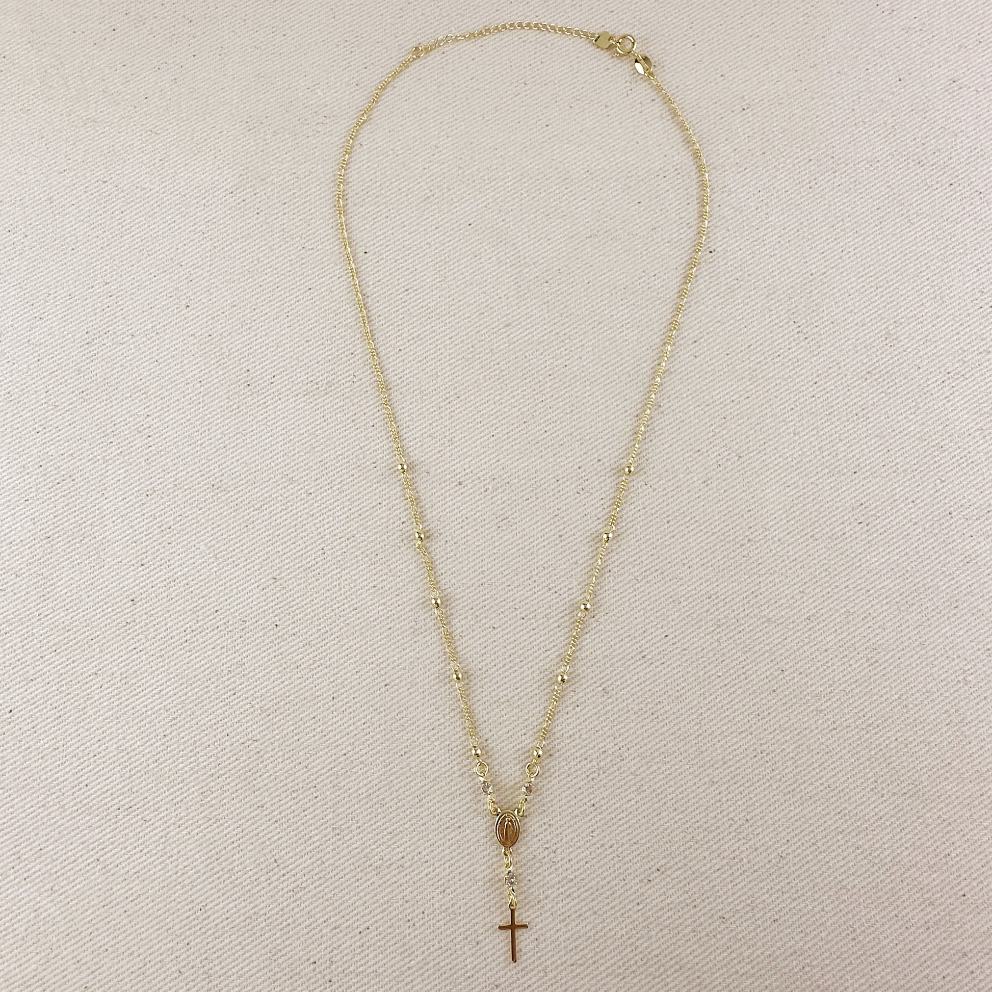 18k Gold Filled Our Lady of Graces Rosary Ball Chain and Small Plain Cross