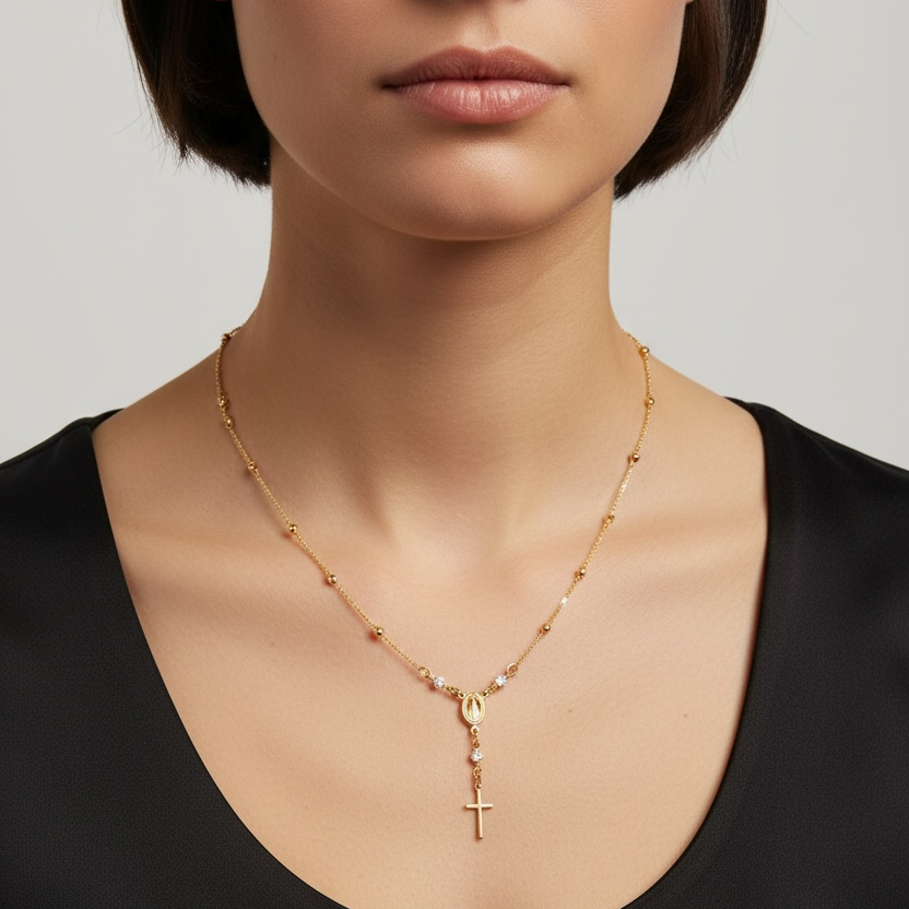 18k Gold Filled Our Lady of Graces Rosary Ball Chain and Small Plain Cross