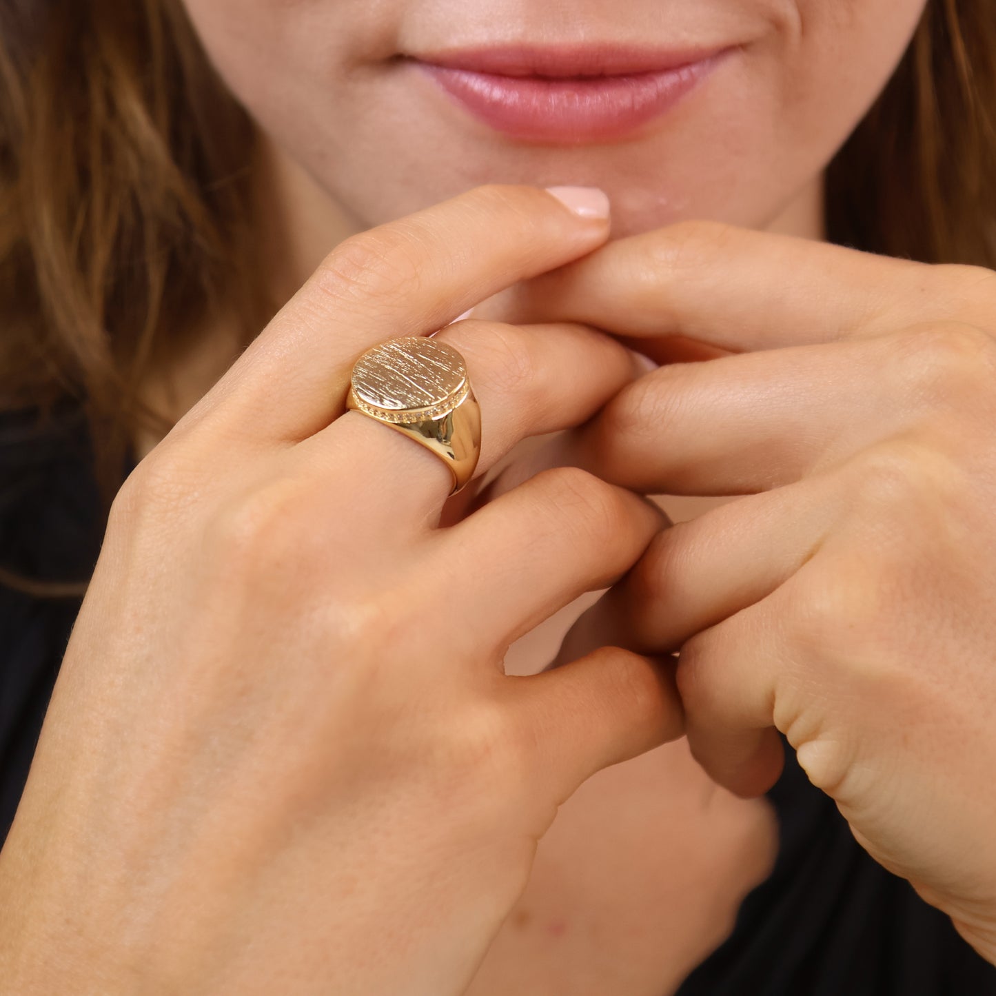 18k Gold Filled Rounded Brushed Top Ring With CZ Stones