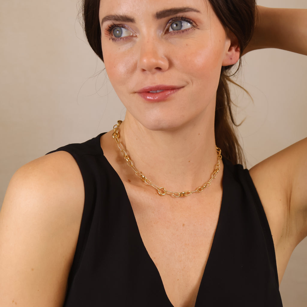 18k Gold Filled Puffy Mariner Necklace With Carabiner Clasp