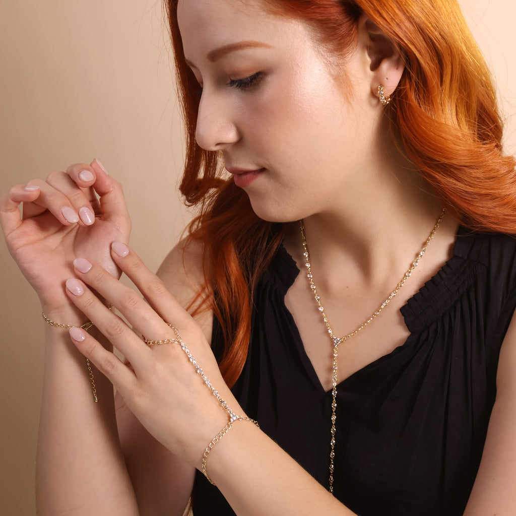 18k Gold Filled Dainty Round Bezel CZ Hand Chain