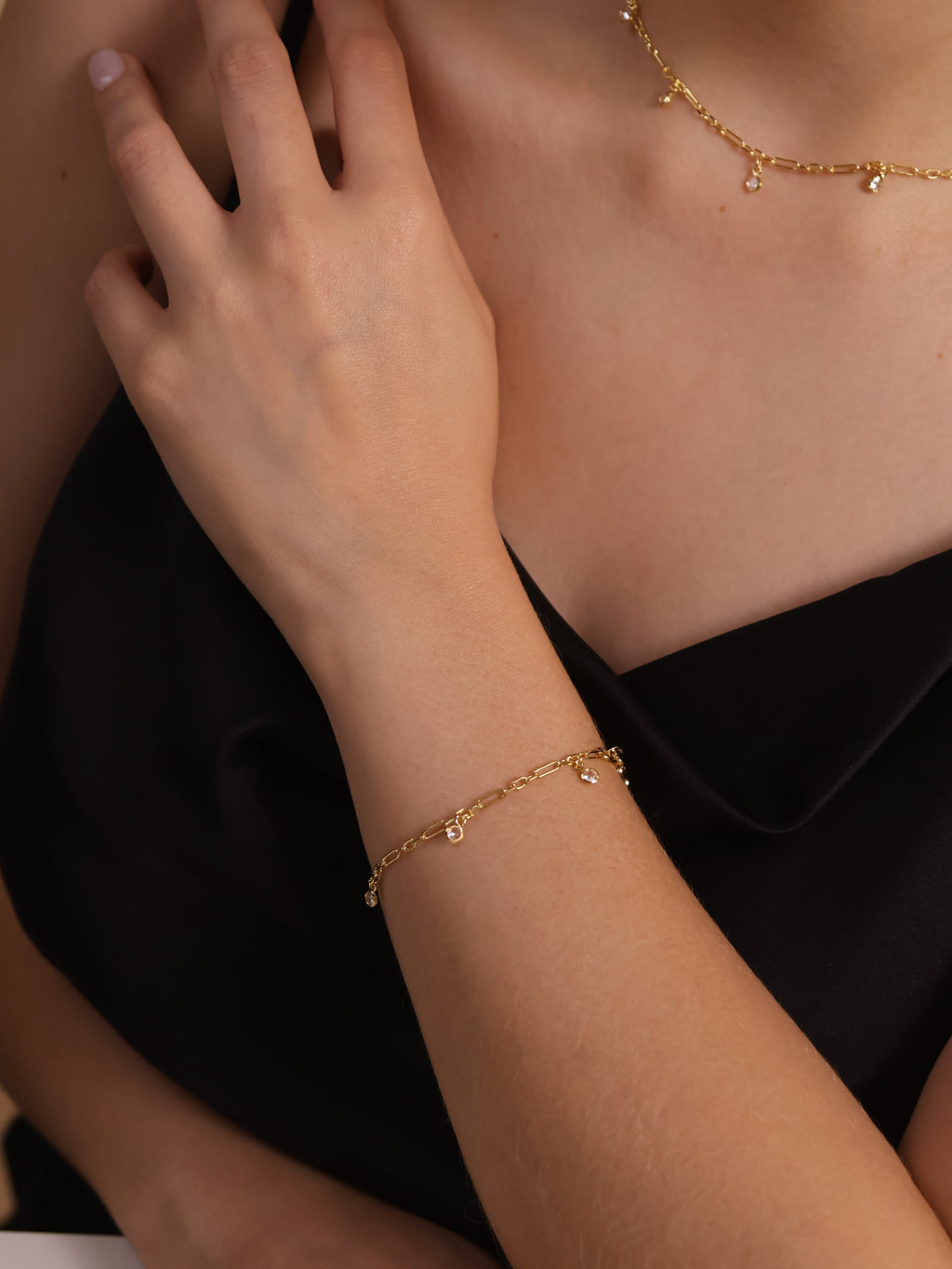 18k Gold Filled Paperclip Chain With Bezel CZ Drops Bracelet