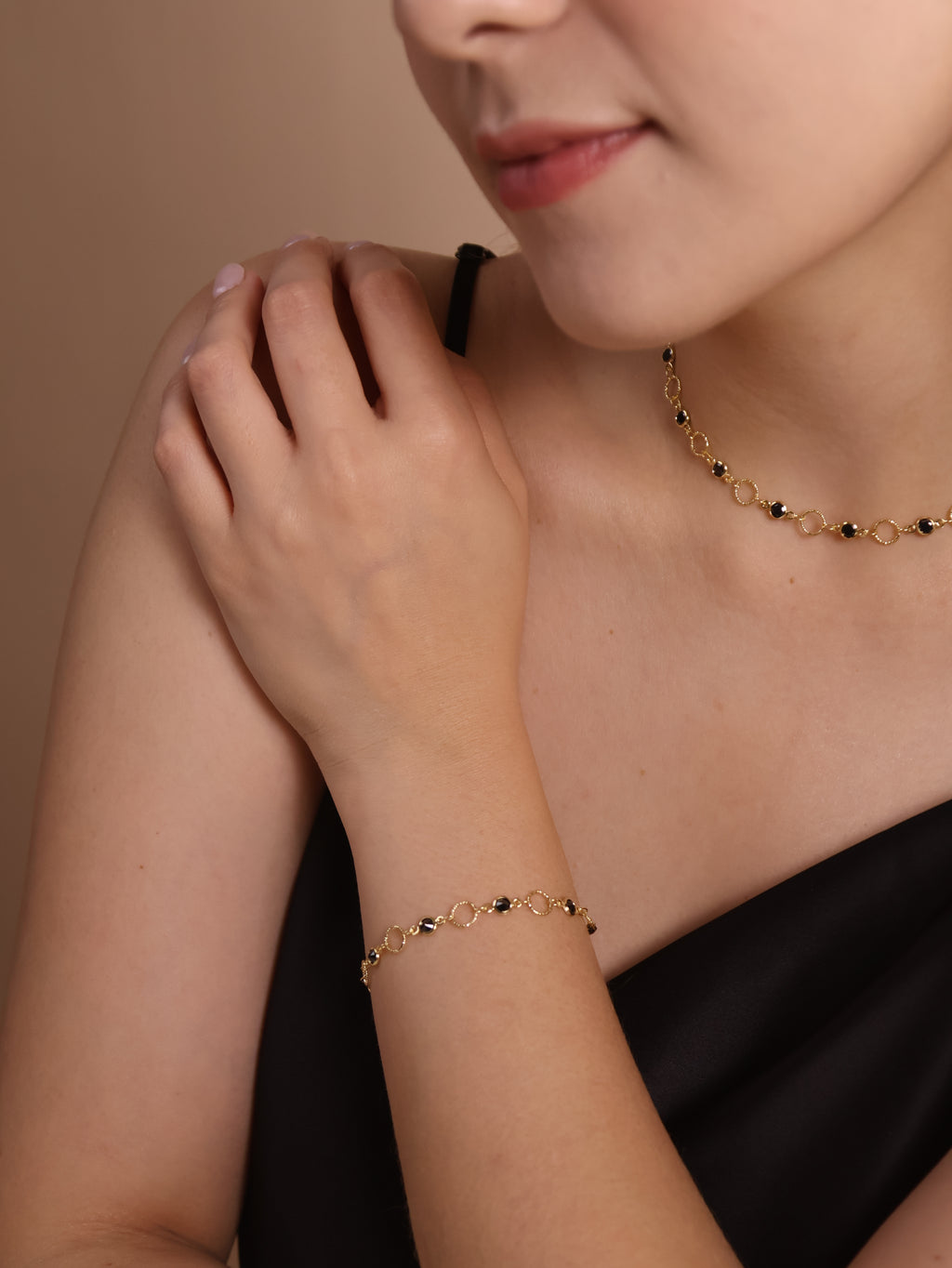 18k Gold Filled Black Bezel CZ & Circles Bracelet