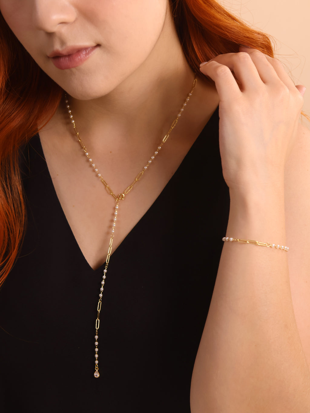 18k Gold Filled Diamond Cut Paperclip & Pearls Lariat Necklace