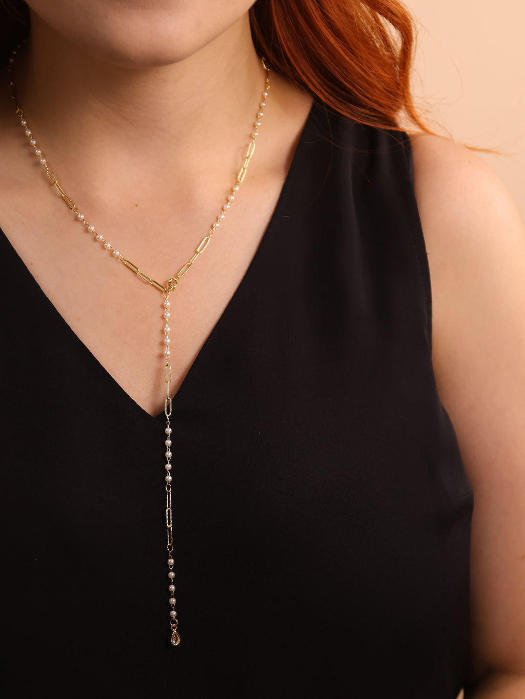 18k Gold Filled Diamond Cut Paperclip & Pearls Lariat Necklace