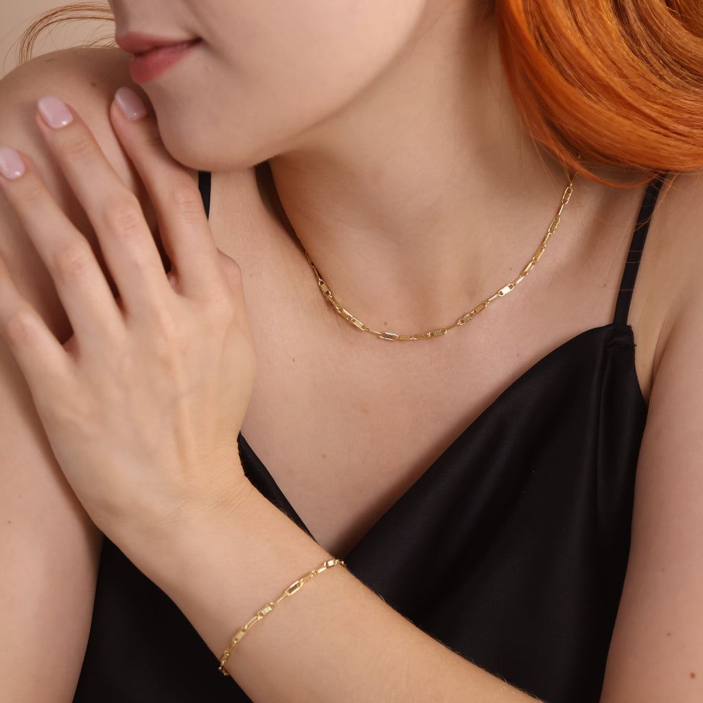 18K Gold Filled Textured Bar Link Necklace