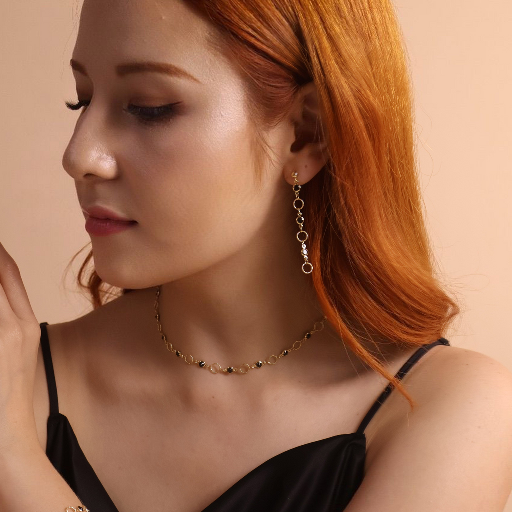 18k Gold Filled Black Bezel CZ & Circles Dangling Earrings