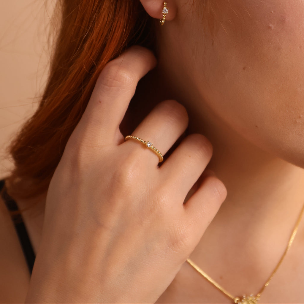 18K Gold Filled Beaded Ring with Single CZ Stone