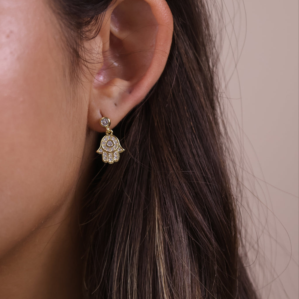 18k Gold Filled CZ Hamsa Drop Earrings